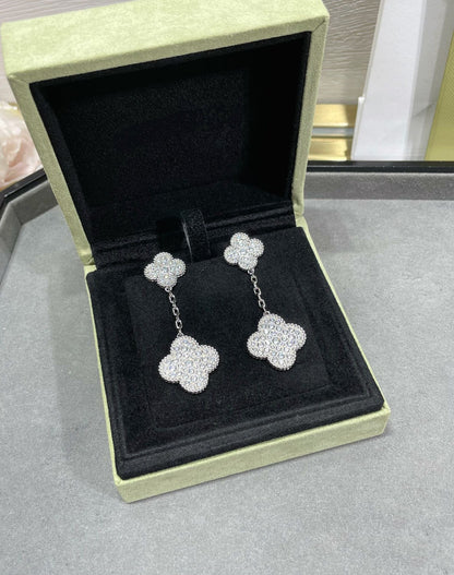 [Perla Lux]CLOVER 2 MOTIFS DIAMOND PAVED SILVER EARRINGS