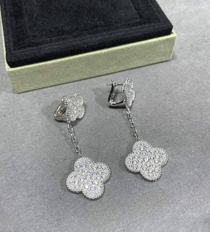 [Perla Lux]CLOVER 2 MOTIFS DIAMOND PAVED SILVER EARRINGS
