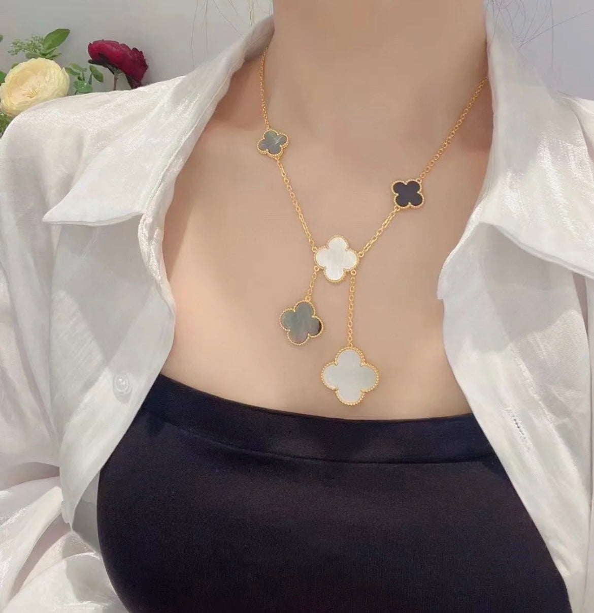[Perla Lux]CLOVER 6 MOTIF MOP ONYX GOLD NECKLACE
