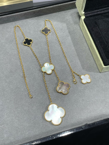 [Perla Lux]CLOVER 6 MOTIF MOP ONYX GOLD NECKLACE