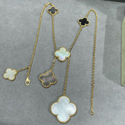 [Perla Lux]CLOVER 6 MOTIF MOP ONYX GOLD NECKLACE