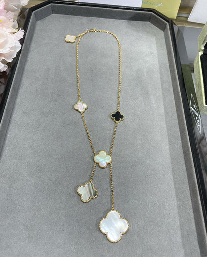 [Perla Lux]CLOVER 6 MOTIF MOP ONYX GOLD NECKLACE