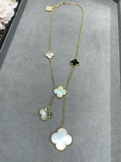 [Perla Lux]CLOVER 6 MOTIF MOP ONYX GOLD NECKLACE
