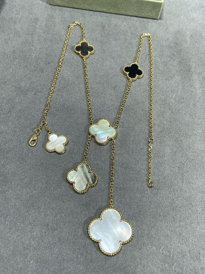 [Perla Lux]CLOVER 6 MOTIF MOP ONYX GOLD NECKLACE