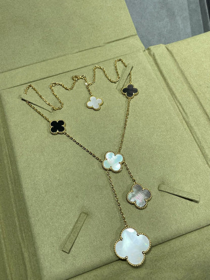 [Perla Lux]CLOVER 6 MOTIF MOP ONYX GOLD NECKLACE