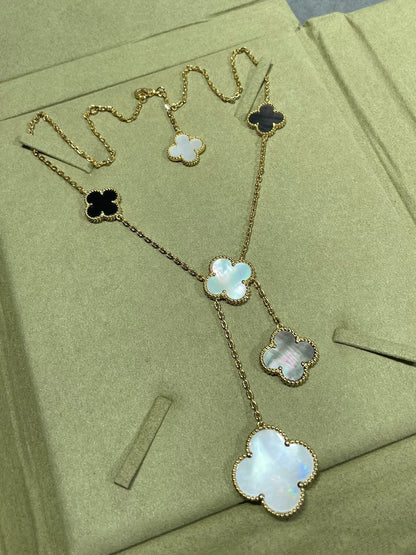 [Perla Lux]CLOVER 6 MOTIF MOP ONYX GOLD NECKLACE
