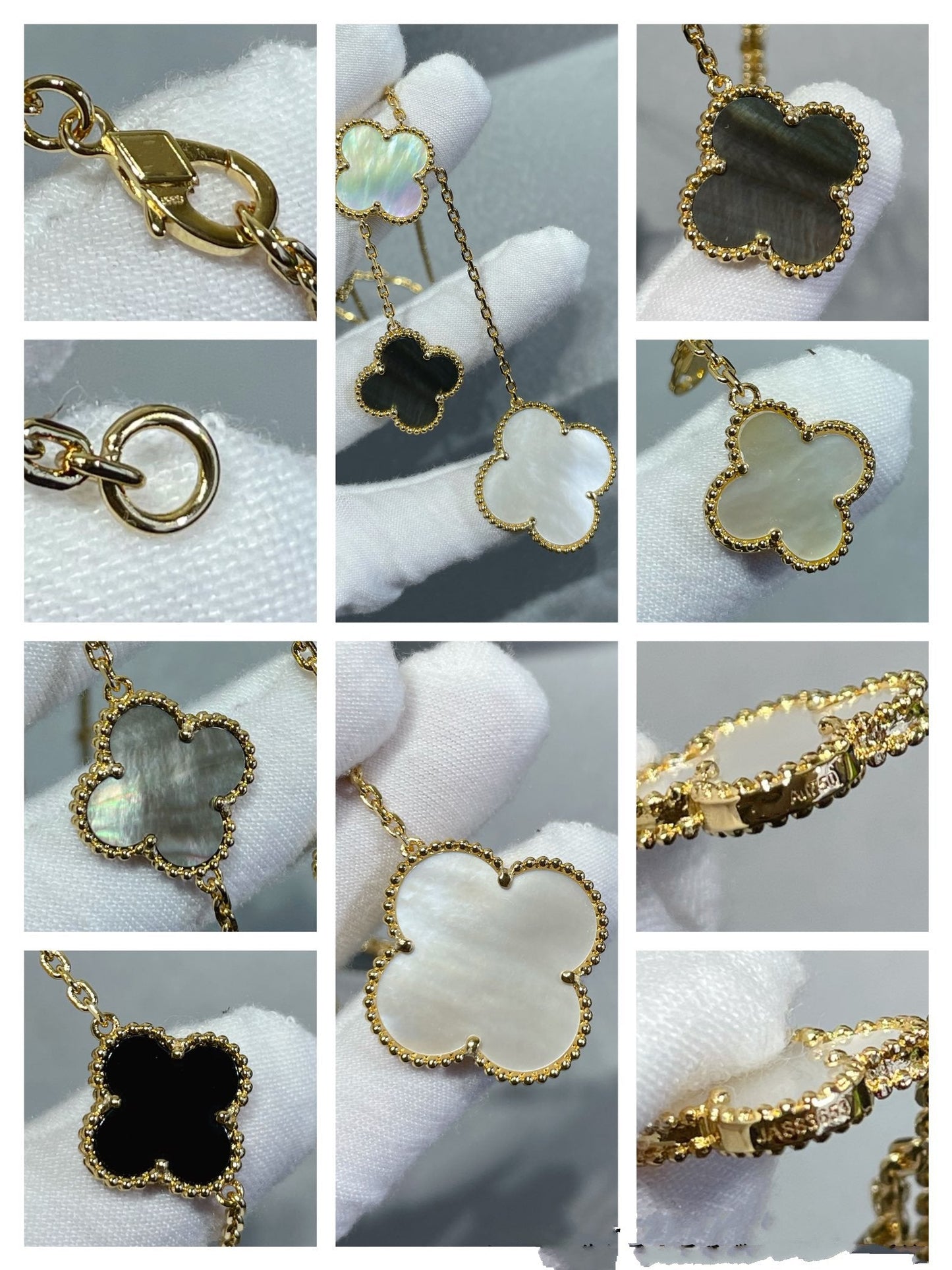 [Perla Lux]CLOVER 6 MOTIF MOP ONYX GOLD NECKLACE