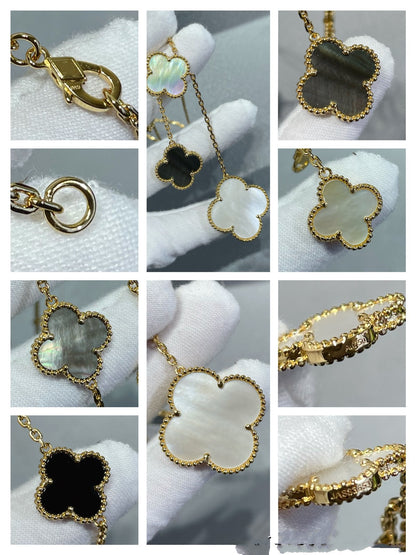 [Perla Lux]CLOVER 6 MOTIF MOP ONYX GOLD NECKLACE