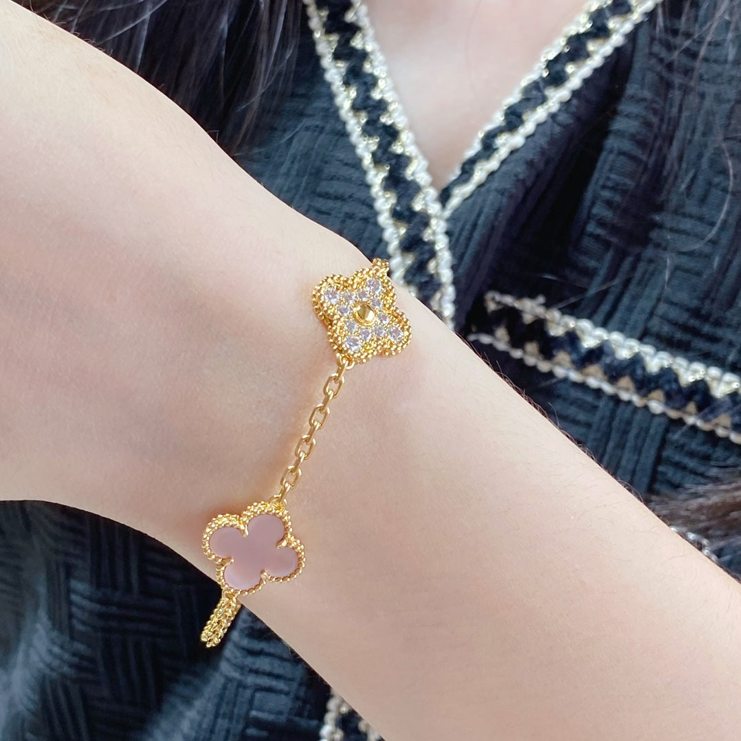 [Perla Lux]CLOVER 5 MOTIF DIAMOND PINK MOP PINK GOLD BRACELET
