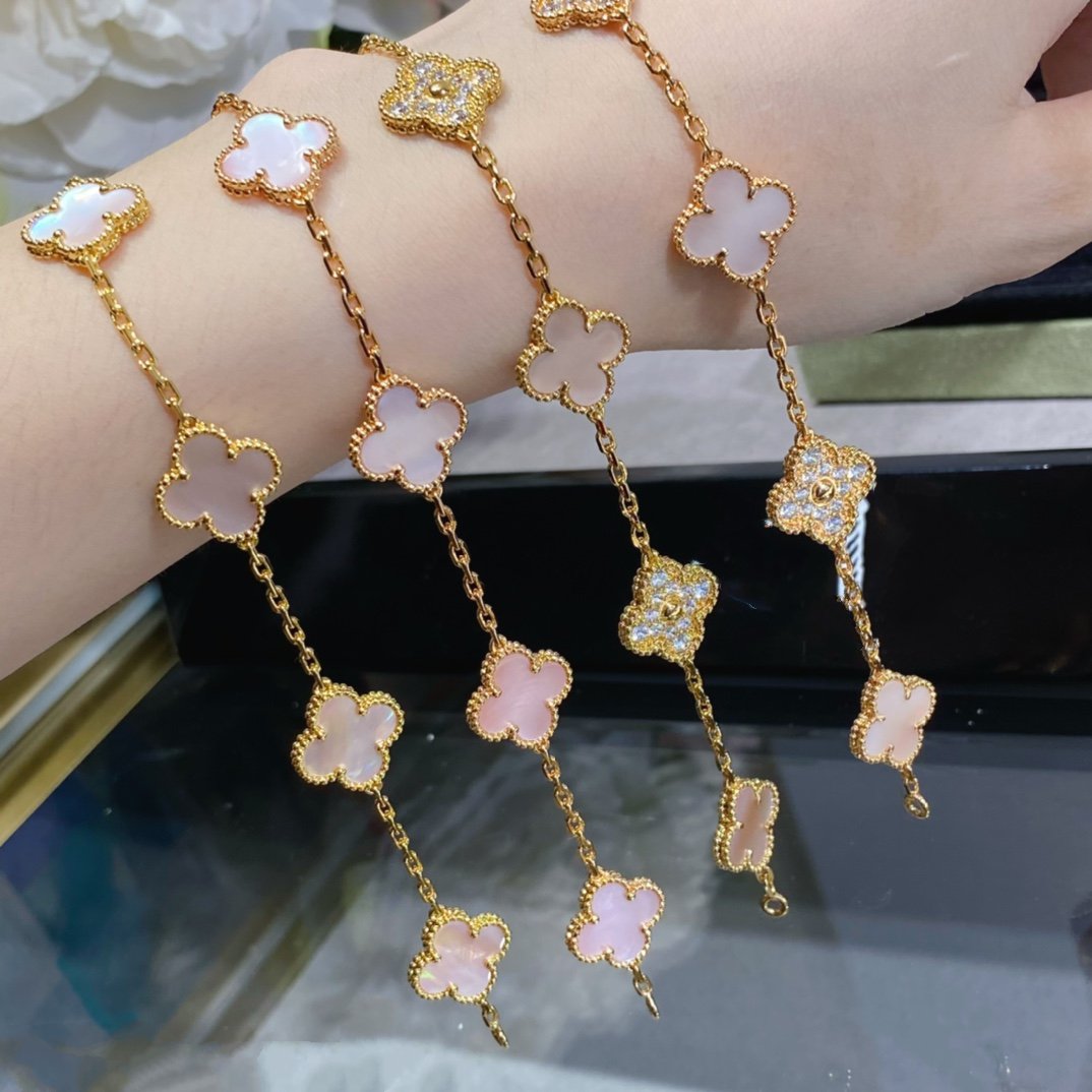 [Perla Lux]CLOVER 5 MOTIF DIAMOND PINK MOP PINK GOLD BRACELET