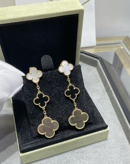 [Perla Lux]CLOVER 3 MOTIF MOP ONYX DARK MOP PINK GOLD EARRINGS