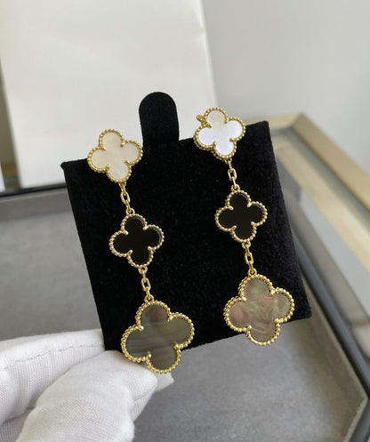 [Perla Lux]CLOVER 3 MOTIF MOP ONYX DARK MOP PINK GOLD EARRINGS