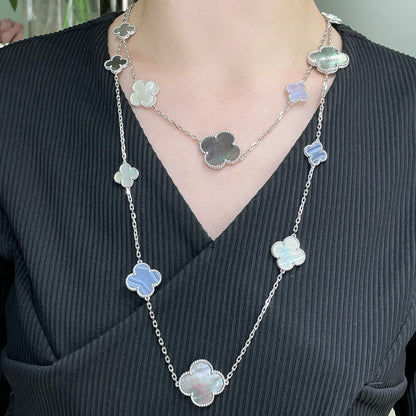 [Perla Lux]CLOVER 16 MOTIF CHALCEDONY MOP SILVER NECKLACE