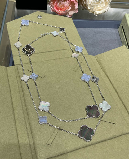 [Perla Lux]CLOVER 16 MOTIF CHALCEDONY MOP SILVER NECKLACE