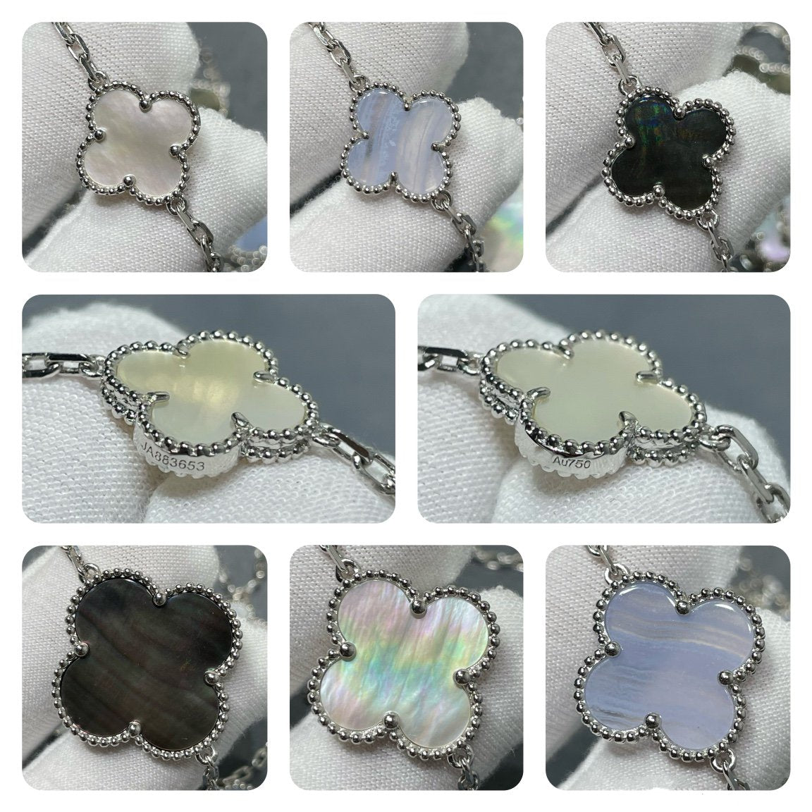 [Perla Lux]CLOVER 16 MOTIF CHALCEDONY MOP SILVER NECKLACE