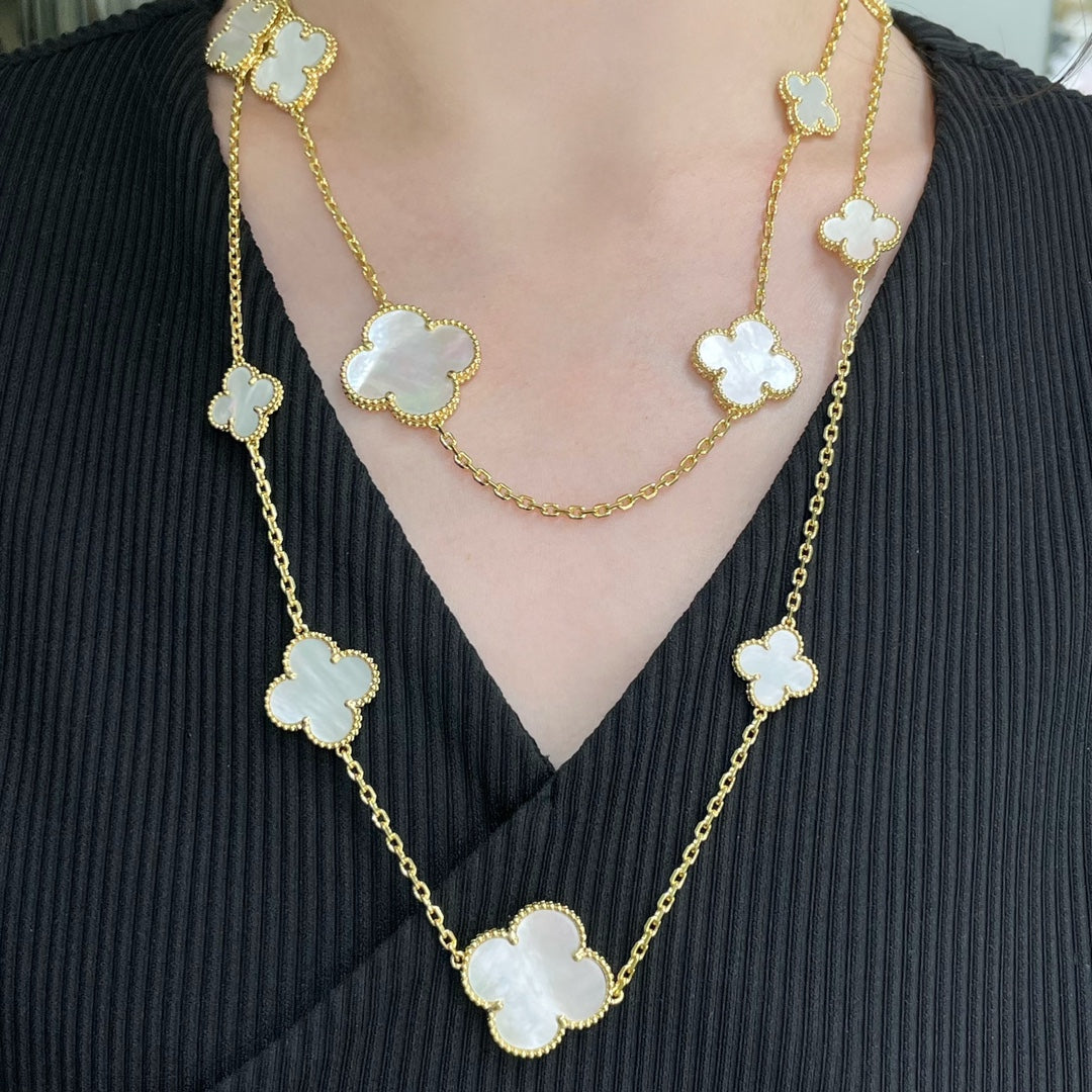 [Perla Lux]CLOVER 16 MOTIF WHITE MOP GOLD NECKLACE