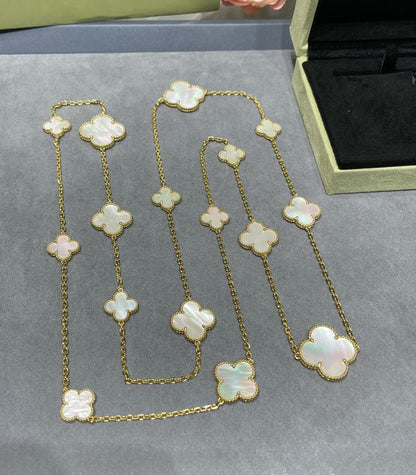 [Perla Lux]CLOVER 16 MOTIF WHITE MOP GOLD NECKLACE