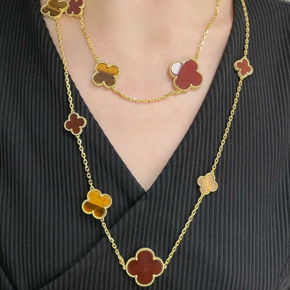 [Perla Lux]CLOVER 16 MOTIF CARNELIAN TIGER EYE ROSE GOLD NECKLACE