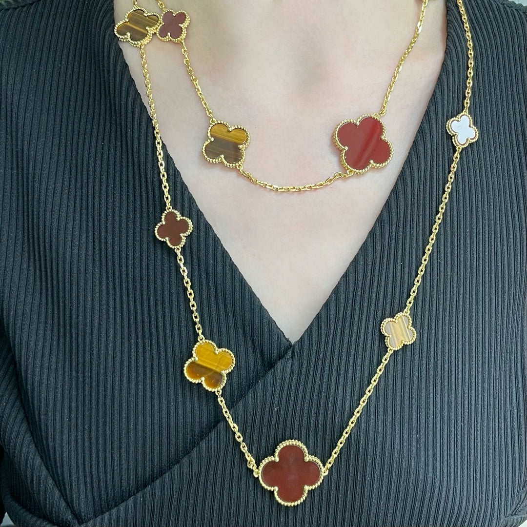 [Perla Lux]CLOVER 16 MOTIF CARNELIAN TIGER EYE ROSE GOLD NECKLACE