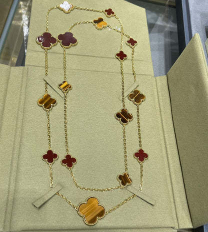 [Perla Lux]CLOVER 16 MOTIF CARNELIAN TIGER EYE ROSE GOLD NECKLACE