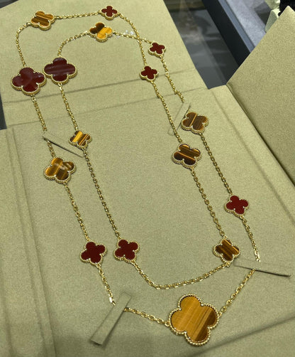 [Perla Lux]CLOVER 16 MOTIF CARNELIAN TIGER EYE ROSE GOLD NECKLACE