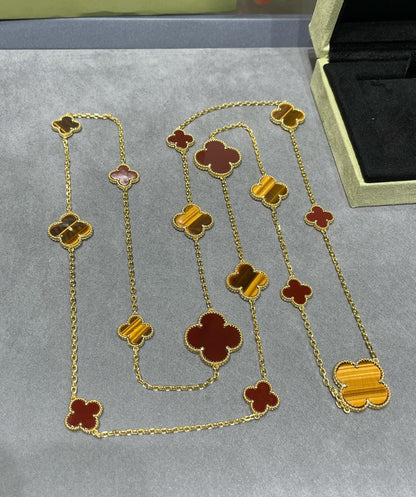 [Perla Lux]CLOVER 16 MOTIF CARNELIAN TIGER EYE ROSE GOLD NECKLACE