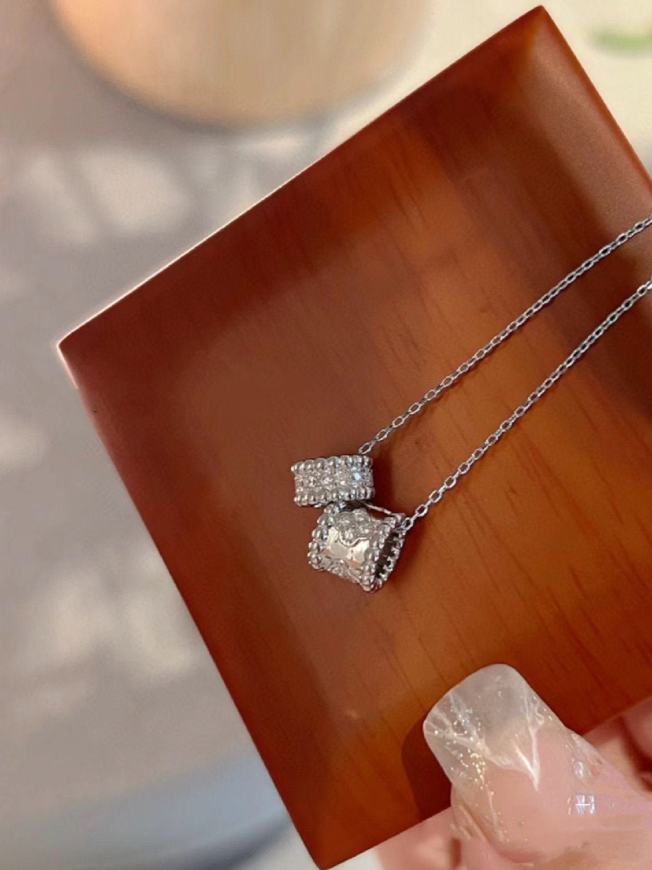 [Perla Lux]PERLEE DOUBLE PENDANT SILVER DIAMOND NECKLACE