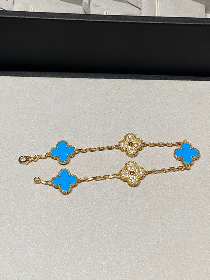 [Perla Lux]CLOVER 5 MOTIF BLUE CHALCEDONY DIAMOND GOLD BRACELET