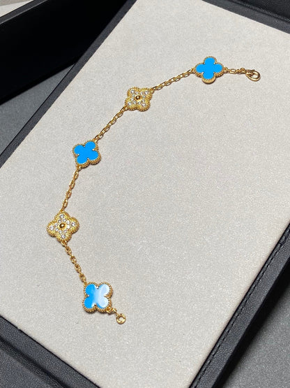 [Perla Lux]CLOVER 5 MOTIF BLUE CHALCEDONY DIAMOND GOLD BRACELET