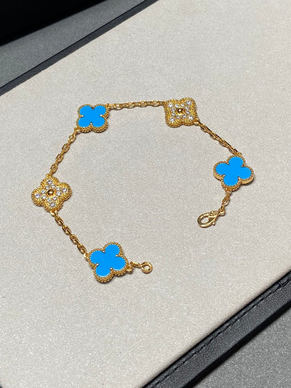 [Perla Lux]CLOVER 5 MOTIF BLUE CHALCEDONY DIAMOND GOLD BRACELET