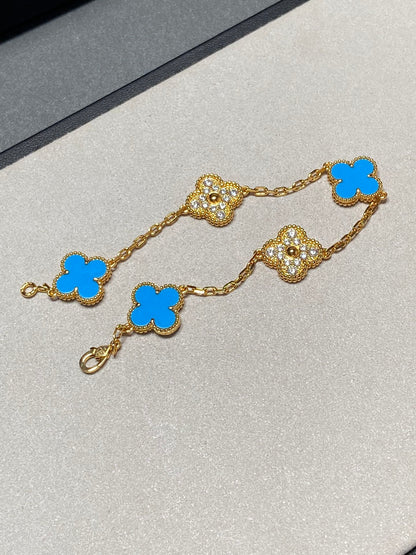 [Perla Lux]CLOVER 5 MOTIF BLUE CHALCEDONY DIAMOND GOLD BRACELET