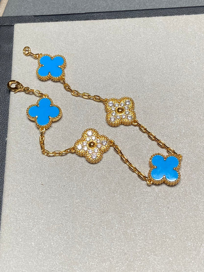 [Perla Lux]CLOVER 5 MOTIF BLUE CHALCEDONY DIAMOND GOLD BRACELET