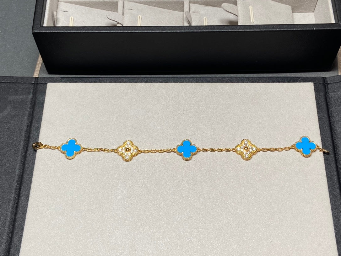[Perla Lux]CLOVER 5 MOTIF BLUE CHALCEDONY DIAMOND GOLD BRACELET