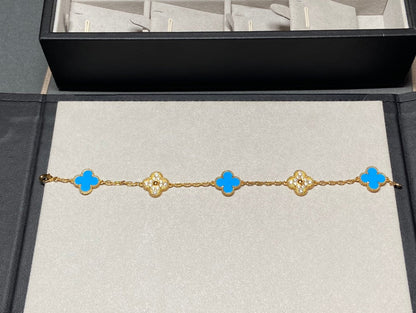 [Perla Lux]CLOVER 5 MOTIF BLUE CHALCEDONY DIAMOND GOLD BRACELET