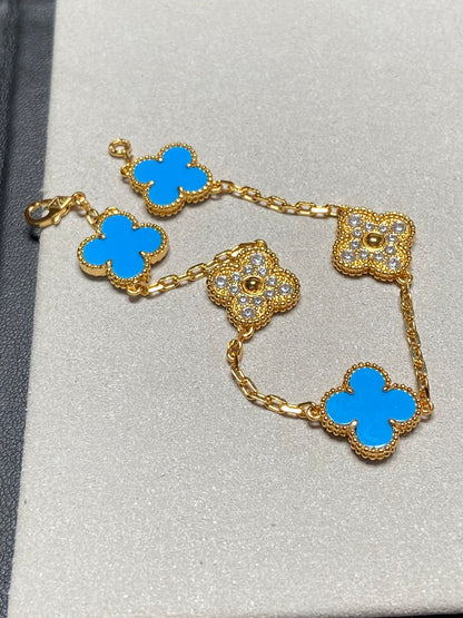 [Perla Lux]CLOVER 5 MOTIF BLUE CHALCEDONY DIAMOND GOLD BRACELET