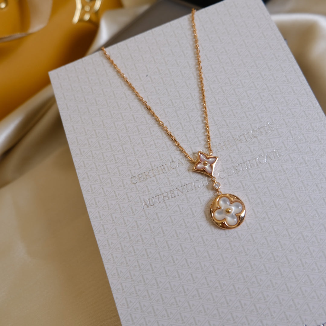[Perla Lux]STAR AND SUN WHITE MOP 2 MOTIF PINK GOLD NECKLACE