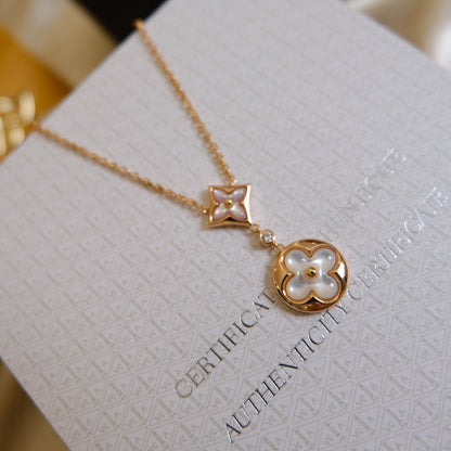 [Perla Lux]STAR AND SUN WHITE MOP 2 MOTIF PINK GOLD NECKLACE