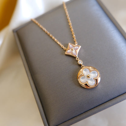 [Perla Lux]STAR AND SUN WHITE MOP 2 MOTIF PINK GOLD NECKLACE
