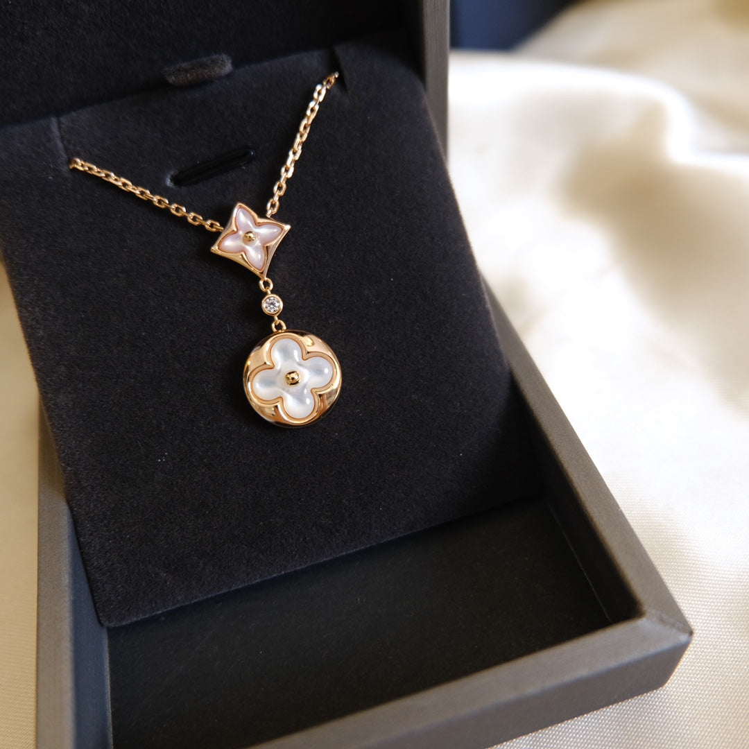 [Perla Lux]STAR AND SUN WHITE MOP 2 MOTIF PINK GOLD NECKLACE