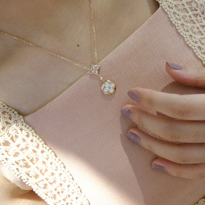 [Perla Lux]STAR AND SUN WHITE MOP 2 MOTIF PINK GOLD NECKLACE