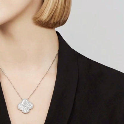 [Perla Lux]CLOVER 25MM LARGE PENDANT DIAMOND PAVED SILVER NECKLACE