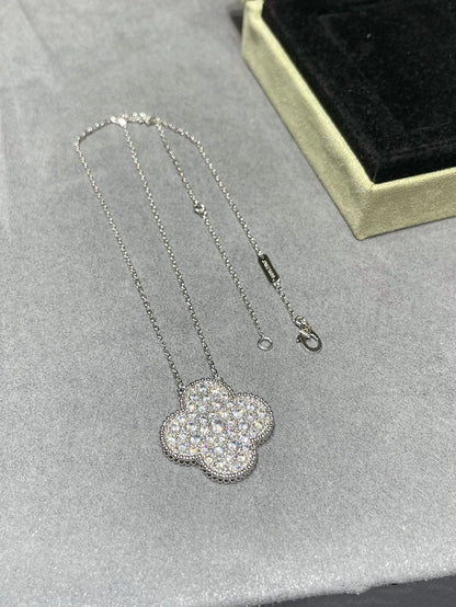 [Perla Lux]CLOVER 25MM LARGE PENDANT DIAMOND PAVED SILVER NECKLACE