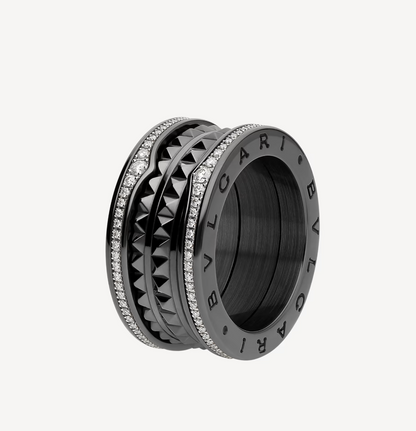 [Perla Lux]ZERO 1 ROCK FOUR-BAND BLACK CERAMIC WITH STUDDED SPIRAL AND PAVED DIAMONDS RING