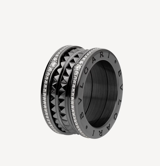 [Perla Lux]ZERO 1 ROCK FOUR-BAND BLACK CERAMIC WITH STUDDED SPIRAL AND PAVED DIAMONDS RING