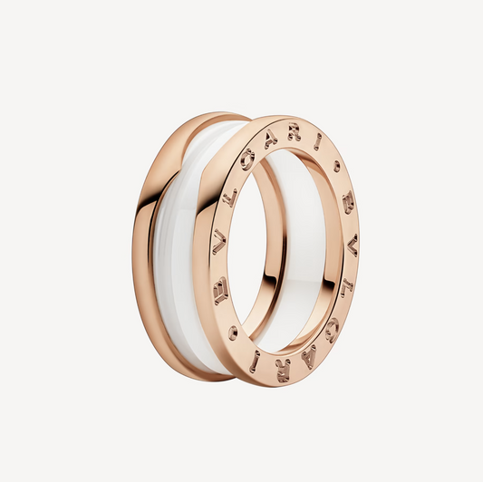 [Perla Lux]ZERO 1 TWO-BAND LOOPS AND WHITE CERAMIC SPIRAL PINK GOLD RING