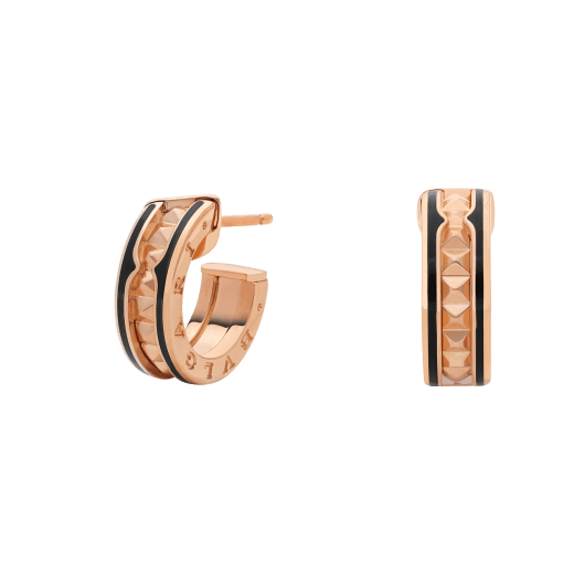 [Perla Lux]ZERO 1 ROCK PINK GOLD EARRINGS WITH STUDDED SPIRAL AND BLACK CERAMIC