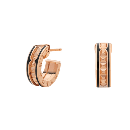 [Perla Lux]ZERO 1 ROCK PINK GOLD EARRINGS WITH STUDDED SPIRAL AND BLACK CERAMIC
