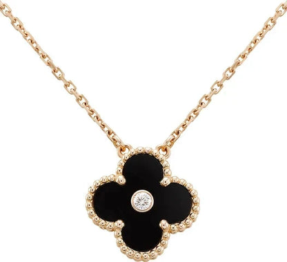 [Perla Lux]CLOVER 15MM DIAMOND ONYX NECKLACE