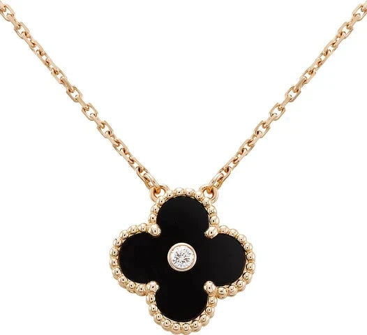 [Perla Lux]CLOVER 15MM DIAMOND ONYX NECKLACE