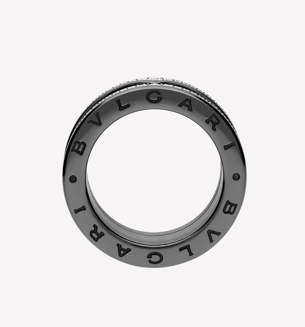 [Perla Lux]ZERO 1 ROCK FOUR-BAND BLACK CERAMIC WITH STUDDED SPIRAL AND PAVED DIAMONDS RING